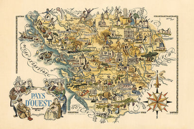 Antiguo mapa pictórico de Pays de la Loire por Liozu, 1951: Nantes, Angers, Poitiers, Château de Saumur, Marais Poitevin