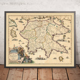 Mapa antiguo del Peloponeso, Grecia por Visscher, 1690: Patras, Zante, Kalamata, Nafplion, Islas Sarónicas