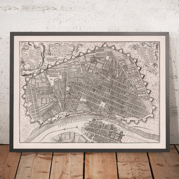 Mapa antiguo de Lima a vista de pájaro de Ulloa, 1748: Fortificaciones, río, puentes, manzanas de la ciudad, cartelas