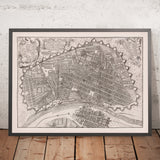 Carte ancienne de Lima par Ulloa, 1748 : fortifications, rivière, ponts, pâtés de maisons, cartouches