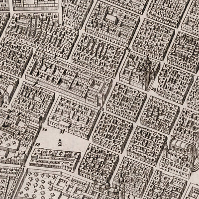 Carte ancienne de Lima par Ulloa, 1748 : fortifications, rivière, ponts, pâtés de maisons, cartouches