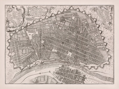 Mapa antiguo de Lima a vista de pájaro de Ulloa, 1748: Fortificaciones, río, puentes, manzanas de la ciudad, cartelas