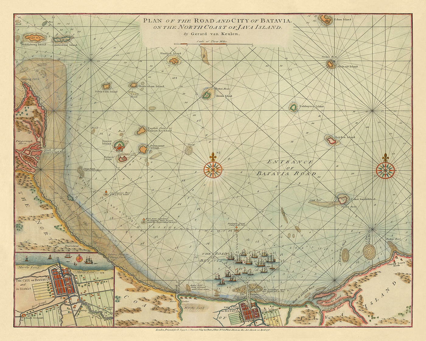 Old Chart of Jakarta (Batavia) by van Keulen, 1778: Onrust Island, Thousand Islands, Indonesia