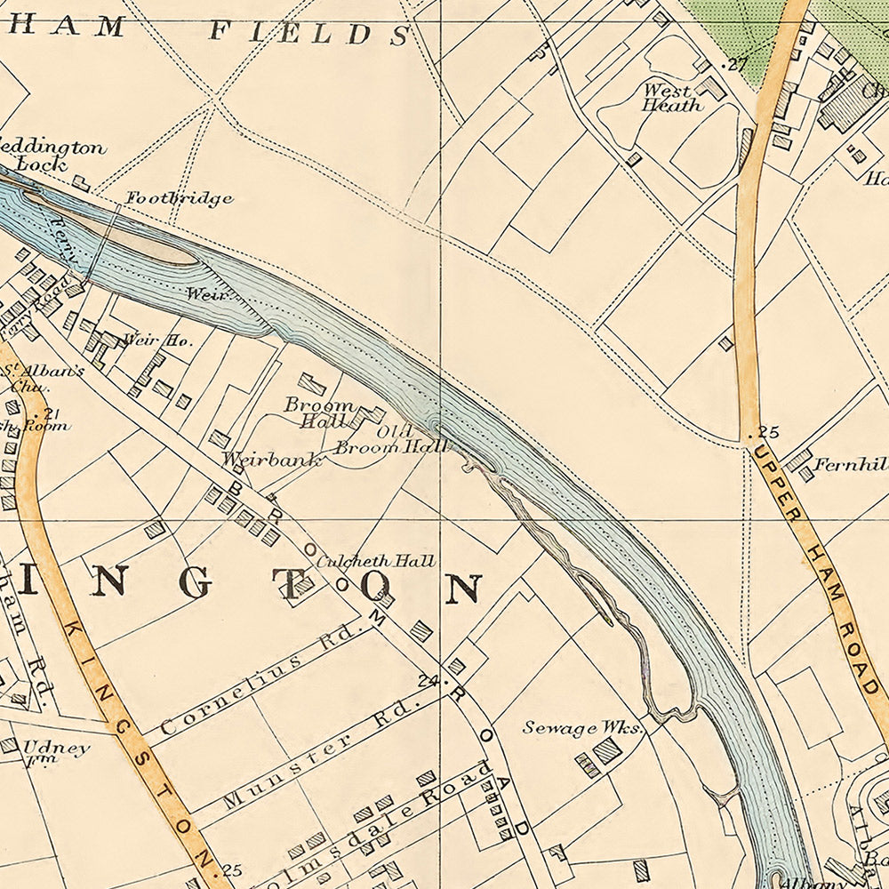 Mapa antiguo de Londres, 1900: Bushy Park, Richmond Park, Ham Common, Kingston, Twickenham