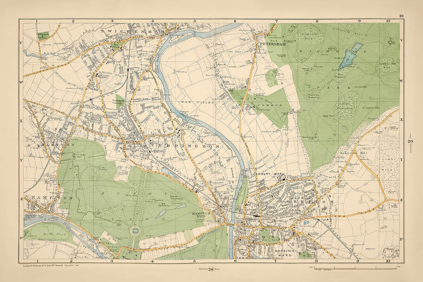 Mapa antiguo de Londres, 1900: Bushy Park, Richmond Park, Ham Common, Kingston, Twickenham