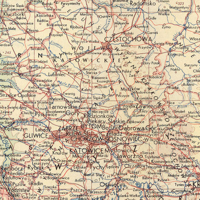 Antiguo mapa de Polonia, 1967: Varsovia, Cracovia, Lodz, río Vístula, Montes Cárpatos