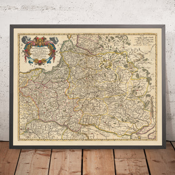 Ancienne carte de la Pologne par Visscher, 1690 : Varsovie, Vilnius, Minsk, Vienne, Kiev
