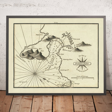 Carta Náutica del Viejo Portofino por Heather, 1802: Riviera Italiana, Pueblo, Fortificaciones, Sondeos 