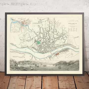 Old Map of Porto, 1870: Torre da Marca, Cathedral, Ribeira Square, St. Francis Church, Episcopal Palace