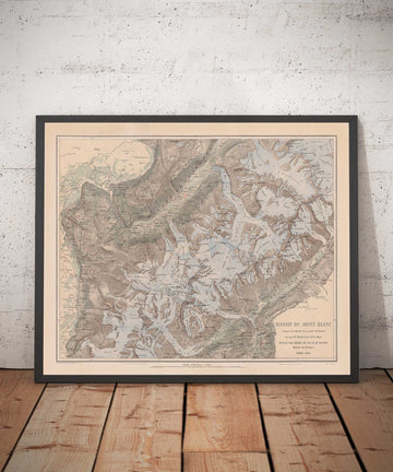 Old Map of Mont Blanc Massif in 1865 by Jean-Joseph Mieulet - Chamonix, Entreves, Les Houches, Saint-Nicolas de Veroce, The Alps