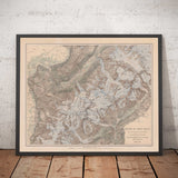Alte Karte des Mont-Blanc-Massivs von 1865 von Jean-Joseph Mieulet - Chamonix, Entreves, Les Houches, Saint-Nicolas de Veroce, Die Alpen 