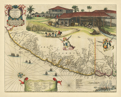 Old Map of Brazil's Coastline by Blaeu, 1662: Pernambuco, Itamaracá, Recife, Olinda, Sugar Cane, Ships