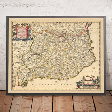 Ancienne carte de la Catalogne et du Roussillon par Visscher, 1690 : Barcelone, Tarragone, Gérone, Perpignan, Pyrénées