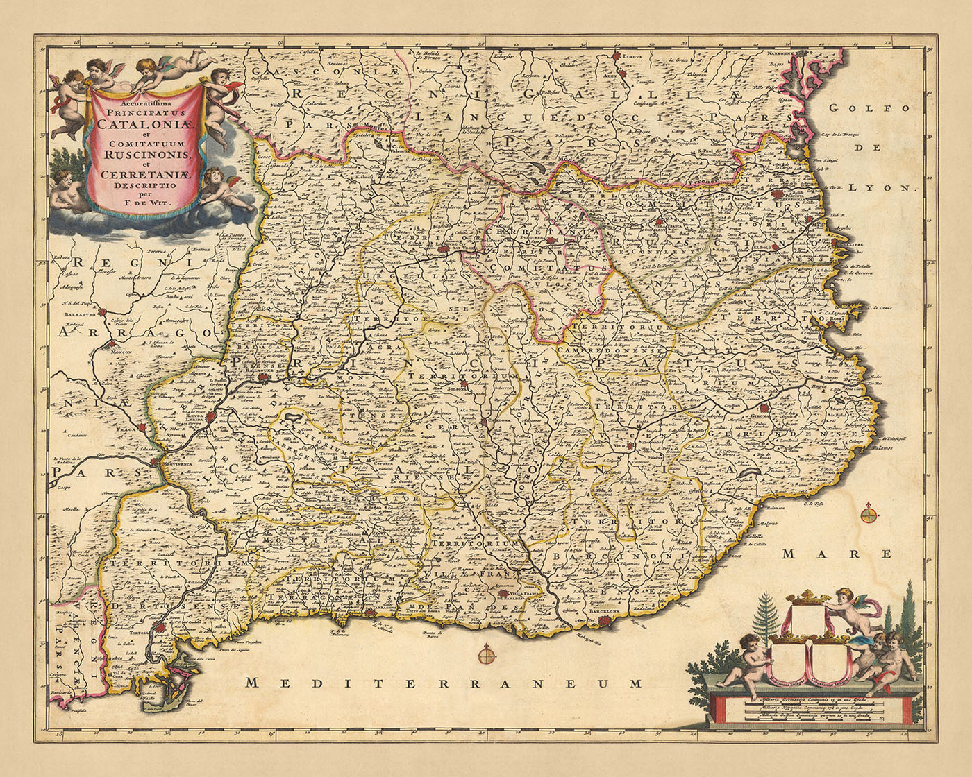 Ancienne carte de la Catalogne et du Roussillon par Visscher, 1690 : Barcelone, Tarragone, Gérone, Perpignan, Pyrénées