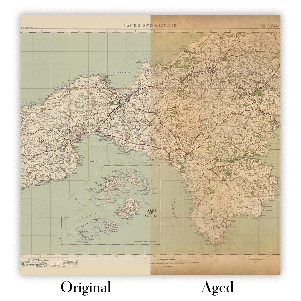 Ancienne carte de l'Ordnance Survey - Feuille 146 Lands End & Lizard, 1919-1926 : Truro, Falmouth, St Ives, Penzance, Helston, St Michael's Mount, Lizard Point