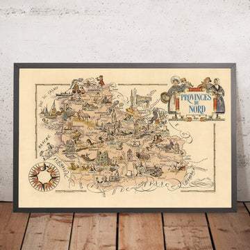 Mappa Pittorica Antica del Nord-Pas-de-Calais di Liozu, 1951: Lille, Dunkerque, Valenciennes, Douai, Cambrai 