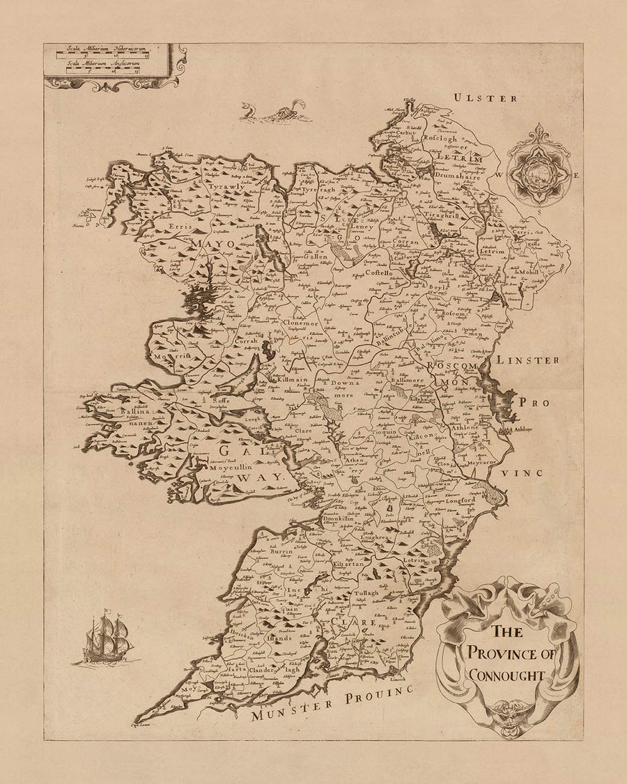 Antica mappa del Connacht di Petty, 1685: Galway, Leitrim, Mayo, Sligo, Roscommon 