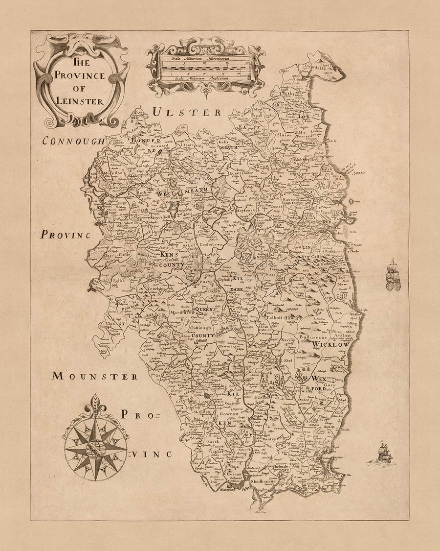 Antica mappa del Leinster di Petty, 1685: Dublino, Kilkenny, Wexford, Waterford, Kildare, Louth, Meath 