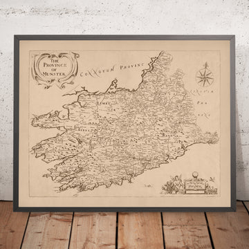 Old Map of Munster by Petty, 1685: Cork, Limerick, Waterford, Ennis, Tralee, Clonmel