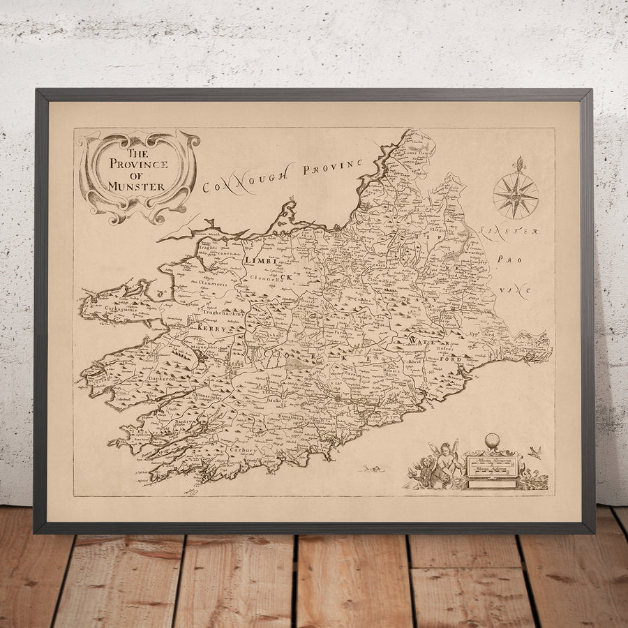Mappa antica del Munster di Petty, 1685: Cork, Limerick, Waterford, Ennis, Tralee, Clonmel 