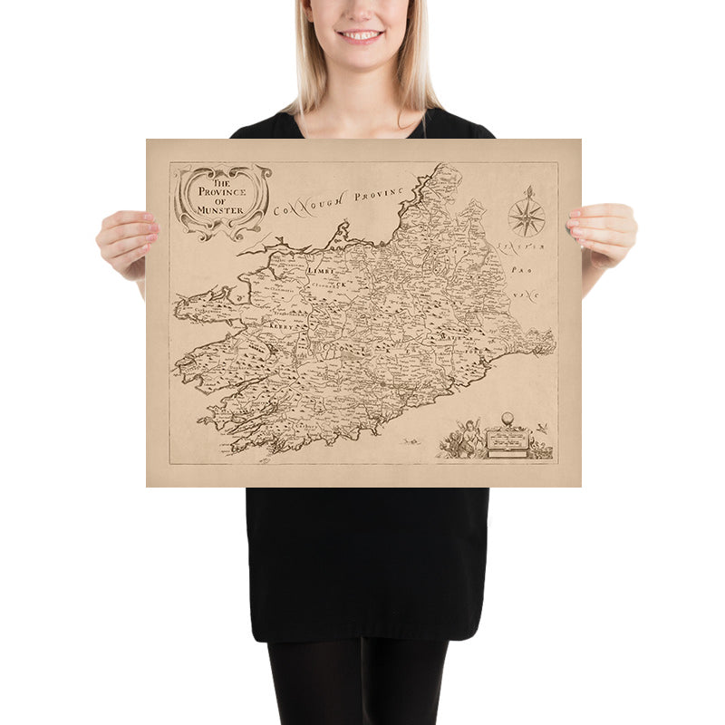 Mappa antica del Munster di Petty, 1685: Cork, Limerick, Waterford, Ennis, Tralee, Clonmel 