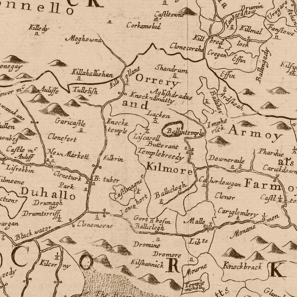 Ancienne carte de Munster par Petty, 1685 : Cork, Limerick, Waterford, parc national de Killarney, château de Blarney