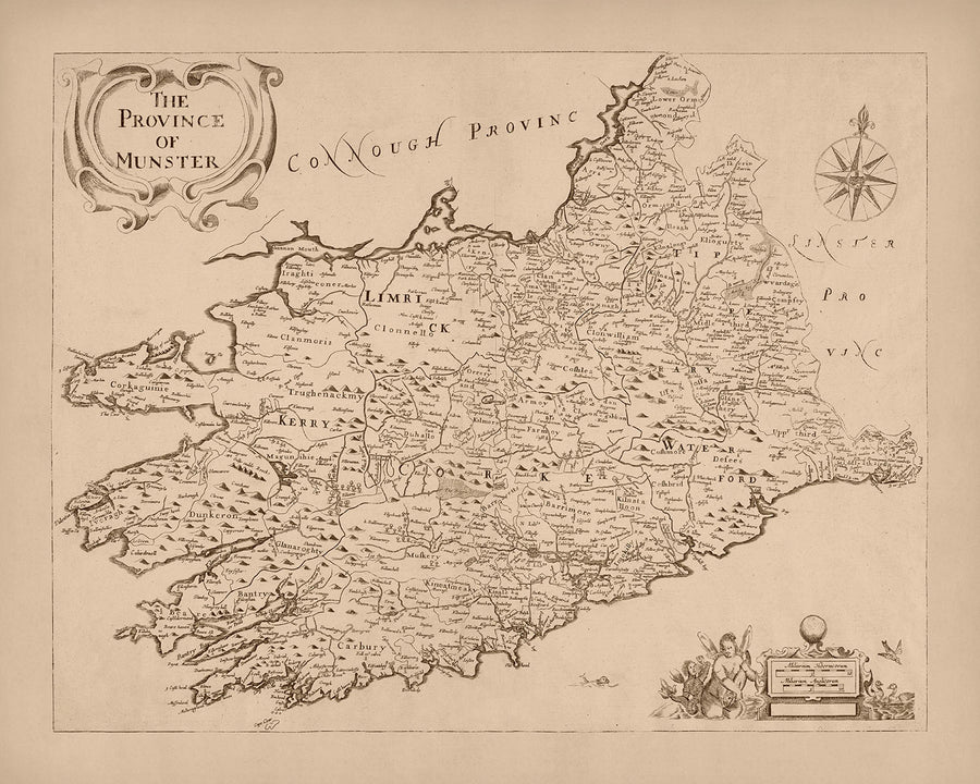 Mappa antica del Munster di Petty, 1685: Cork, Limerick, Waterford, Ennis, Tralee, Clonmel 