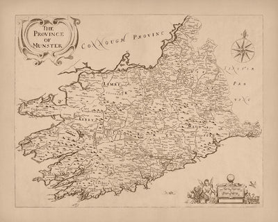 Ancienne carte de Munster par Petty, 1685 : Cork, Limerick, Waterford, parc national de Killarney, château de Blarney