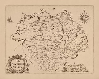 Ancienne carte de l'Ulster par Petty, 1685 : Armagh, Belfast, Derry, Downpatrick, Enniskillen