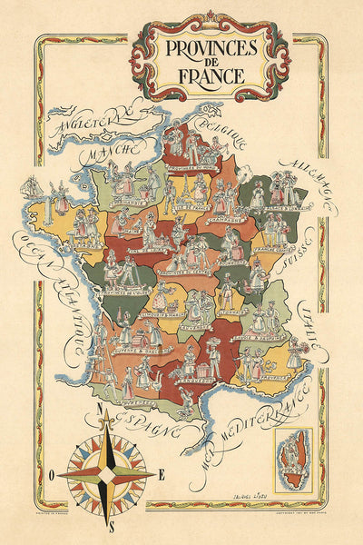 Ancienne carte picturale des provinces françaises et de la Corse par Liozu, 1951