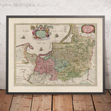 Antigua mapa del Voivodato de Warmia-Masuria (Prusia) de Joan Blaeu, 1665: Olsztyn, Elbląg, Ełk, Ostroda y Giżycko, con los lagos masurianos, Biskupiec y Łyna 