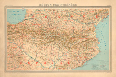 Ancienne carte des Pyrénées, 1920 : sud de la France et nord de l'Espagne