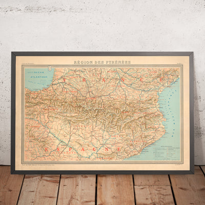 Ancienne carte des Pyrénées, 1920 : sud de la France et nord de l'Espagne
