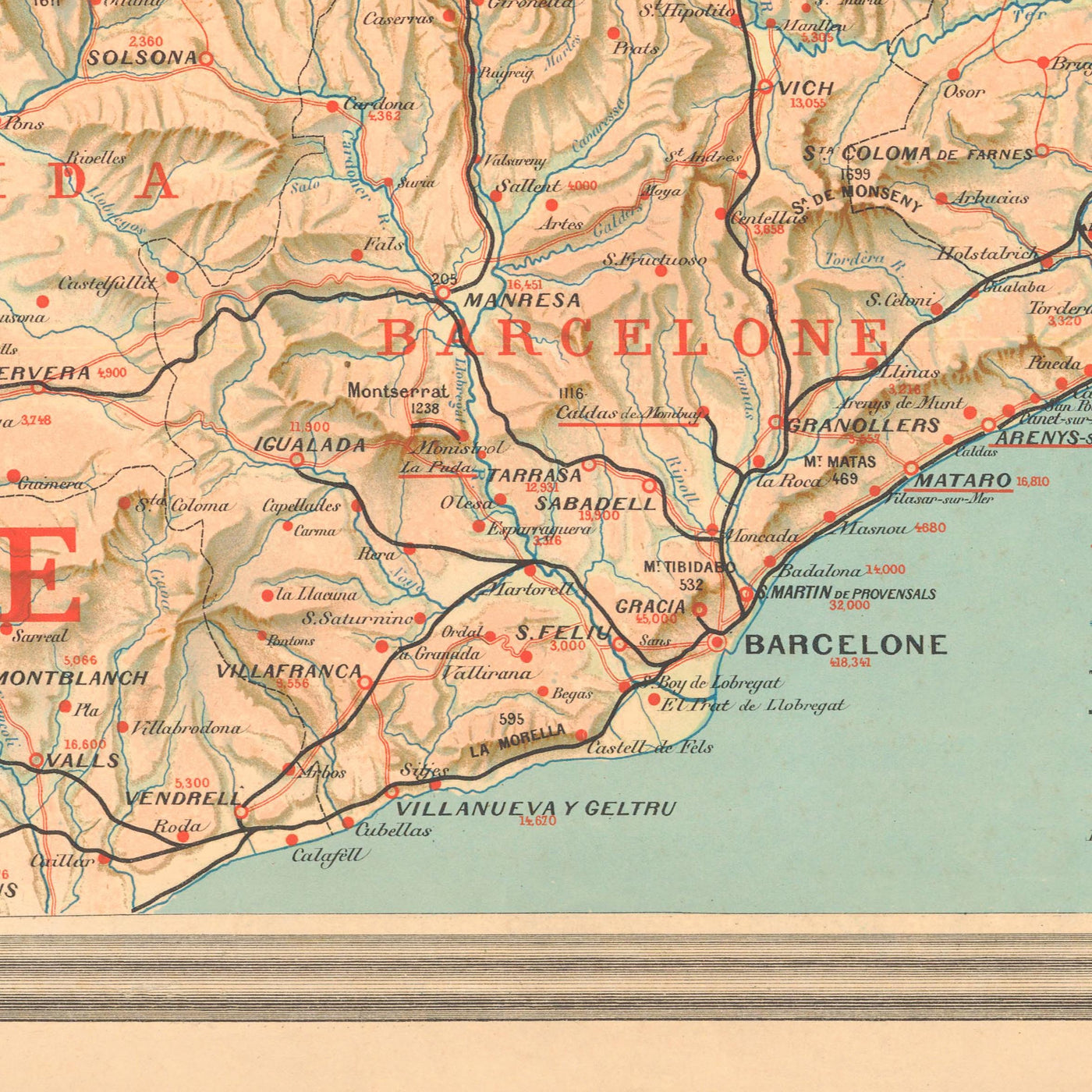 Ancienne carte des Pyrénées, 1920 : sud de la France et nord de l'Espagne
