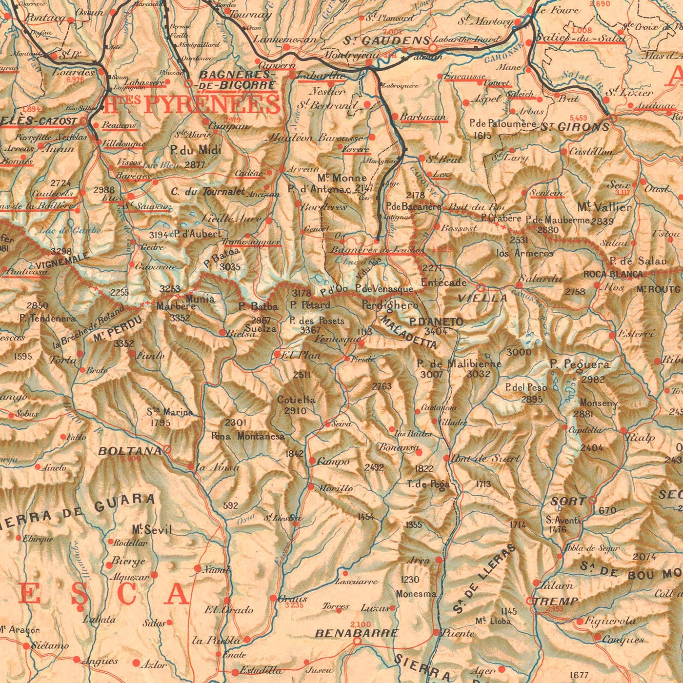 Ancienne carte des Pyrénées, 1920 : sud de la France et nord de l'Espagne