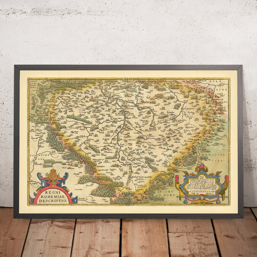 Vecchia mappa della Boemia di Ortelius, 1579: Repubblica Ceca, Praga, fiume Vltava, foreste 