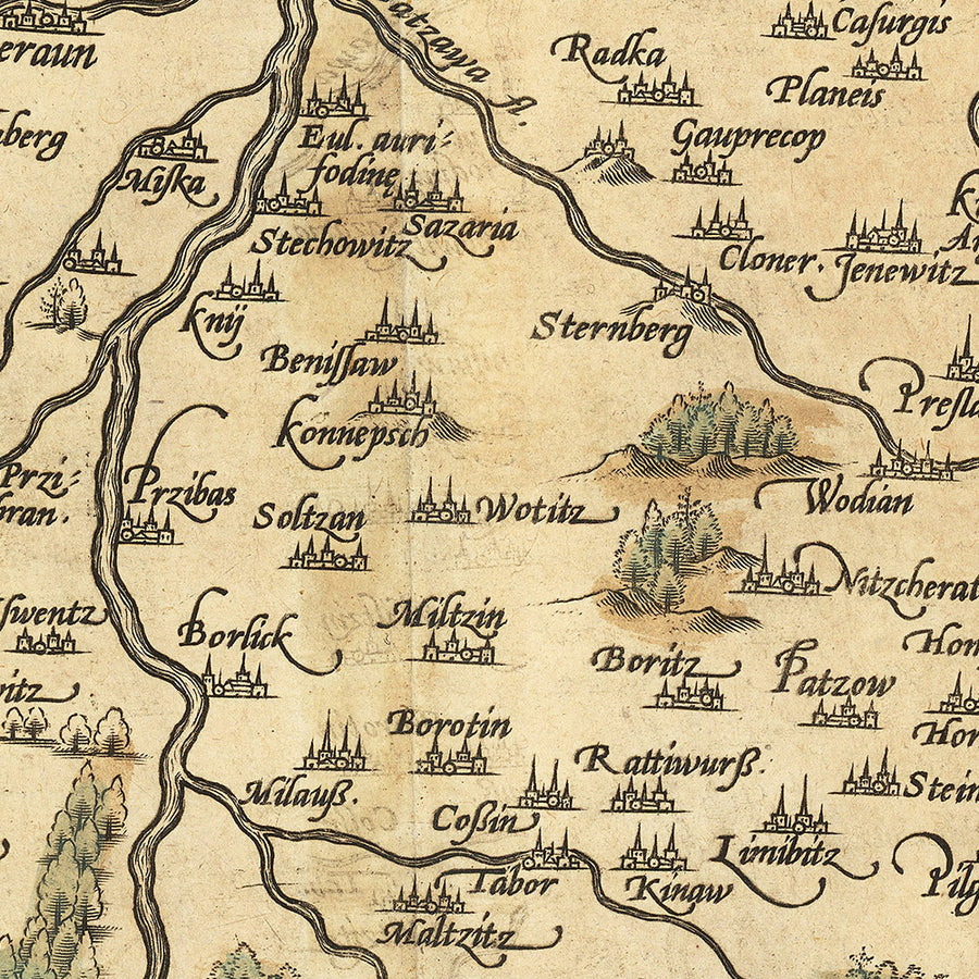 Vecchia mappa della Boemia di Ortelius, 1579: Repubblica Ceca, Praga, fiume Vltava, foreste 
