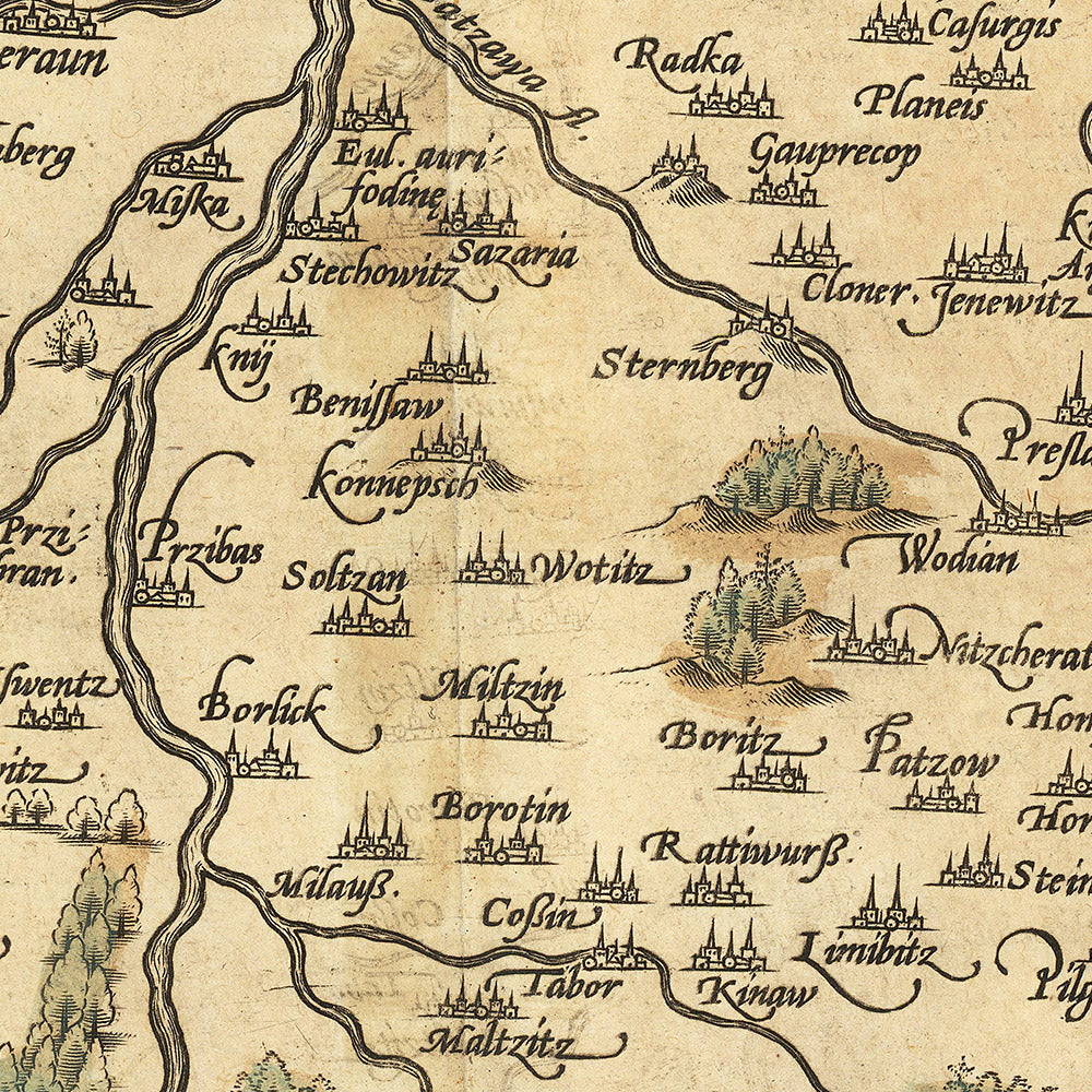 Mapa antiguo de la República Checa de Ortelius, 1579: Praga, río Moldava, montañas, bosques y cartuchos