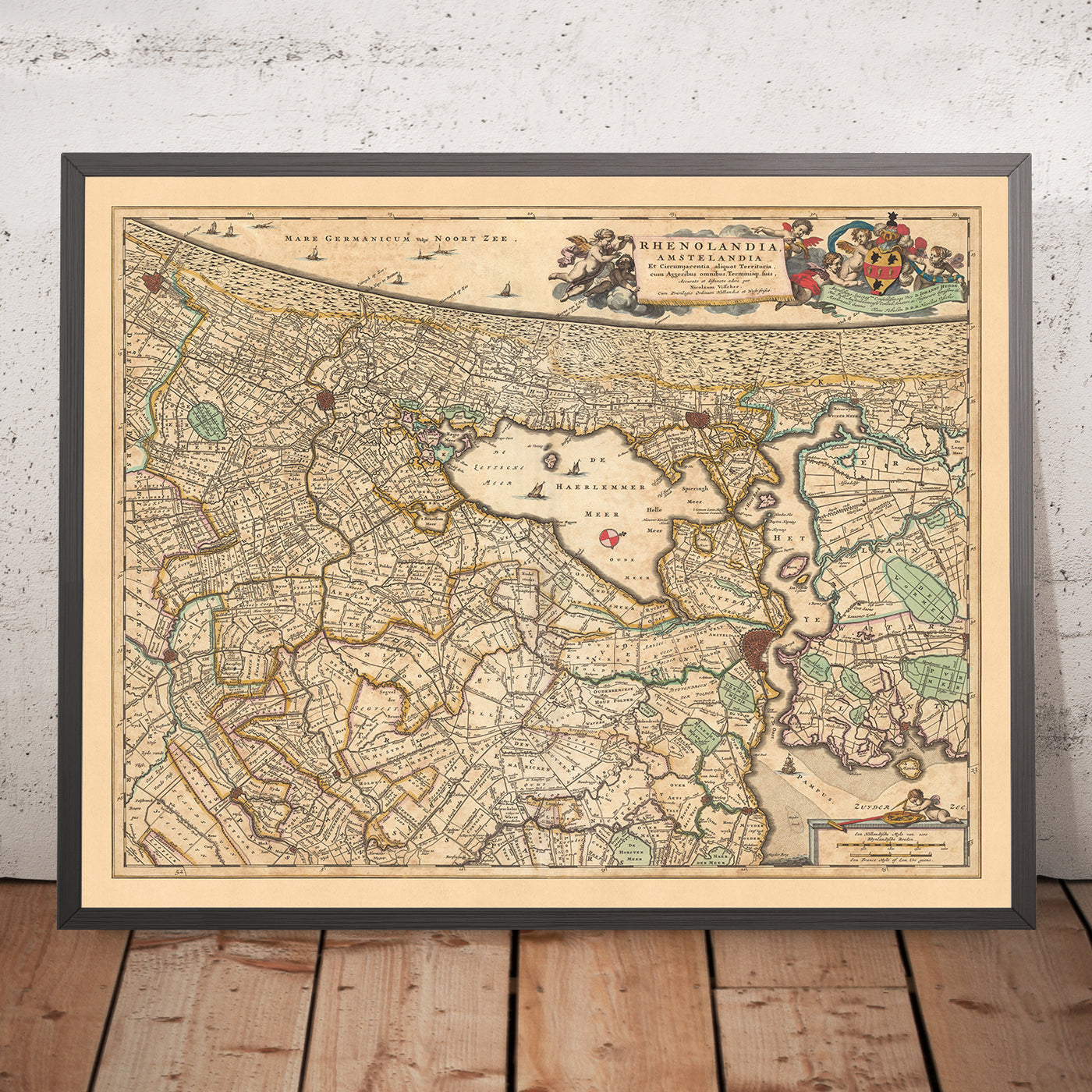 Ancienne carte du Rijnland et de l'Amstelland par Visscher, 1690 : Amsterdam, Haarlem, La Haye, Leiden, Gouda