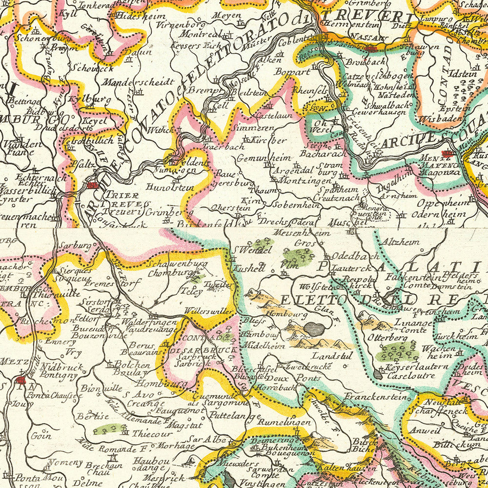 Mapa antiguo de la cuenca del río Rin por Coronelli, 1690: Basilea, Colonia, Frankfurt, lago de Constanza, Alpes suizos
