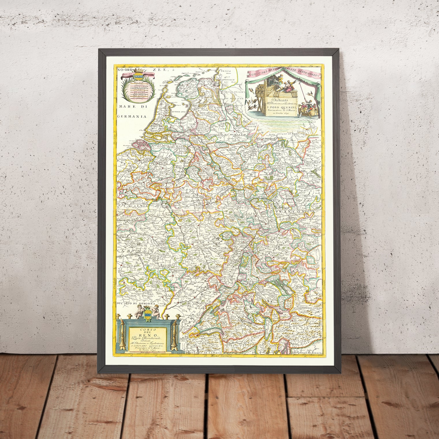 Rini Rever Map Old Map of the Rhine River Basin in Europe by Coronelli, 1690: Basel ...