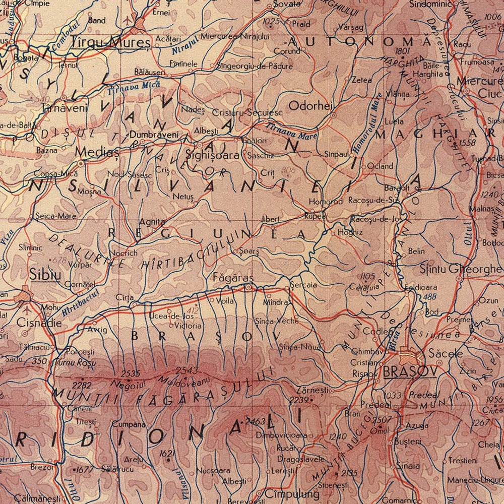 Mapa antiguo de Rumania por el Servicio de Topografía del Ejército Polaco, 1967: Bucarest, Cluj-Napoca, Timișoara, Montes Cárpatos, Río Danubio