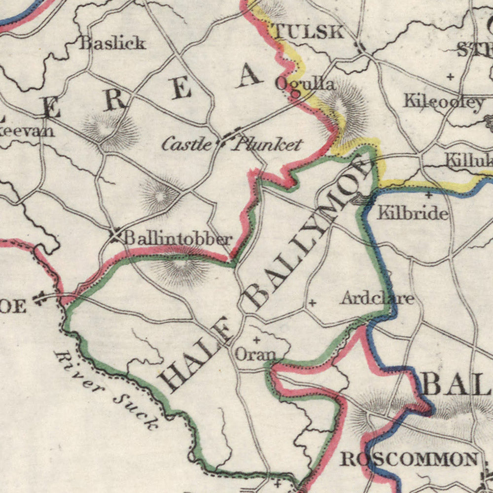 Ancienne carte du comté de Roscommon par Lewis, 1844 : Roscommon, Boyle, rivière Shannon, Lough Allen, Grande Famine