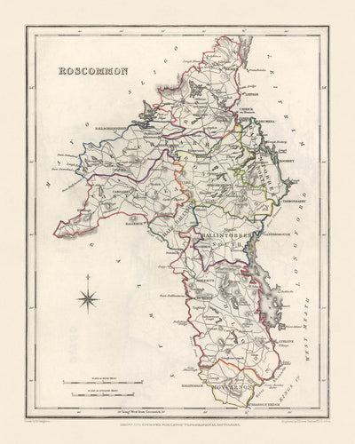 Ancienne carte du comté de Roscommon par Lewis, 1844 : Roscommon, Boyle, rivière Shannon, Lough Allen, Grande Famine