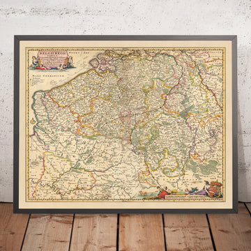 Old Map of Royal Belgium by Visscher, 1690: Brussels, Ghent, Antwerp, Lille, Caps et Marais d&