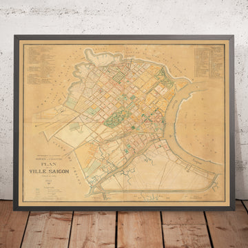 Vecchia mappa di Saigon (Città di Ho Chi Minh), 1921: Piano urbano coloniale, fiume Saigon, architettura francese, strade storiche 