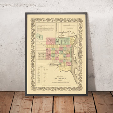 Mappa antica di Savannah, Georgia di Colton, 1855: Forsyth Place, Depositi ferroviari, Isola di Hutchinson, Reef dei pescatori, Wards 