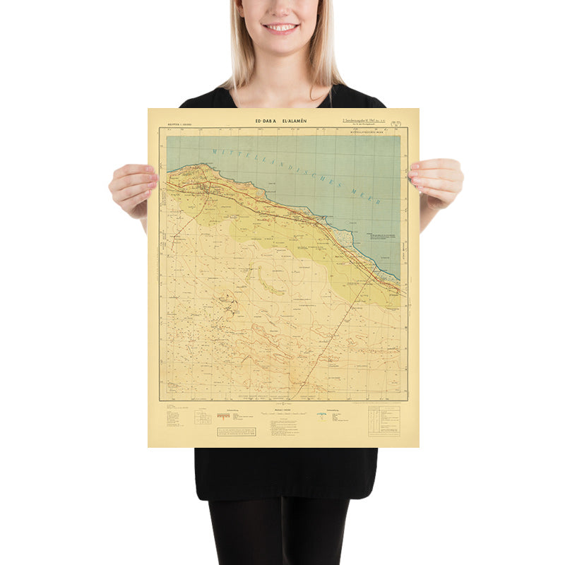 Antiguo mapa militar de El Alamein realizado por el ejército alemán en 1942: El Alamein, Ed Daba, trincheras, ferrocarril y dunas