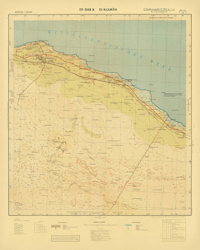 Ancienne carte militaire d'El Alamein par l'armée allemande, 1942 : El Alamein, Ed Daba, tranchées, chemin de fer, dunes