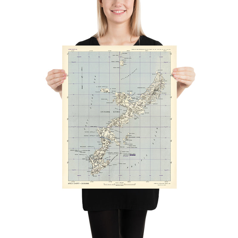 Alte Militärkarte von Okinawa vom 64. Engineer Base Topographic Battalion, 1945: Naha, Flugplatz Kadena, Ie Shima, Flugplatz Yontan, Kanna Saki